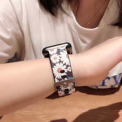 適用於iWatch 蘋果手錶錶帶 Apple Watch1/2/3代 田園風印花 花朵硅膠錶帶44mm/42mm錶鏈