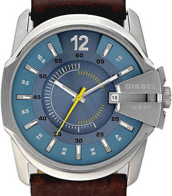 DIESEL 防刮礦物玻璃鏡面 水藍色大錶盤 咖啡色皮革錶帶 石英 男性腕錶 #4090 (一元起標 無底價)