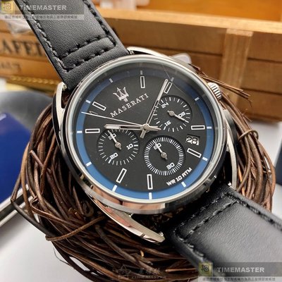 MASERATI手錶,編號R8871632001,42mm銀圓形精鋼錶殼,黑色三眼, 運動錶面,深黑色真皮皮革錶帶款