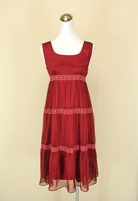 貞新二手衣 韓 紅色羅馬領無袖雪紡紗洋裝F號(19674)