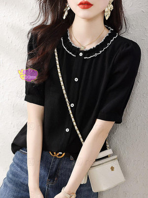 韓國MM =襯衫女 夏季新款短袖黑色洋氣襯衣韓版百搭氣質顯瘦女人味上衣