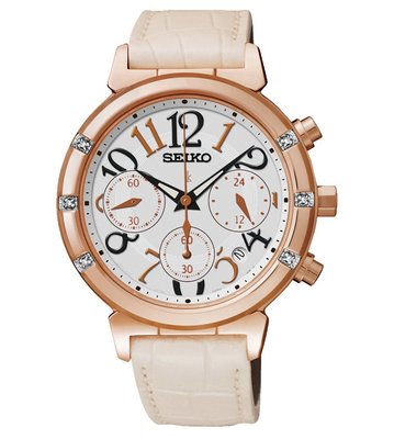 SEIKO 精工 LUKIA 太陽能 優雅時光計時腕錶(SSC872J1)-玫瑰金x白/36mm