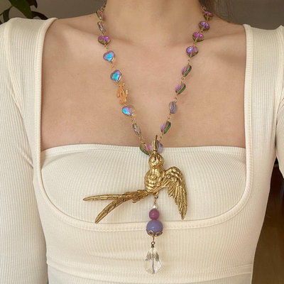 Chanel 香奈兒vintage中古素金立體燕子小鳥紫色毛衣鍊項鍊