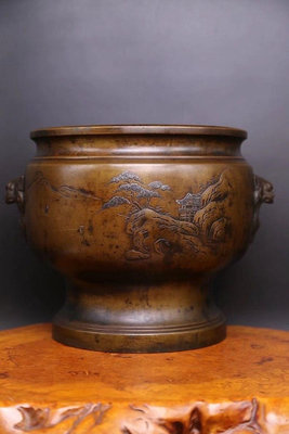 （二手）-日本古董銅火缽《黃銅造，雙獅子耳，金工山水紋銅火缽》 古玩 擺件 老物件【金善緣】