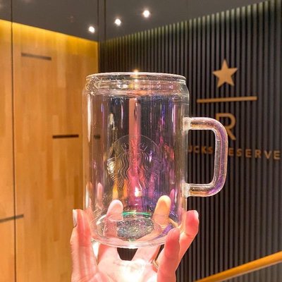 韓國星巴克海洋風玻璃杯創意電鍍彩色水杯大容量漸變色咖啡杯耐熱,特價