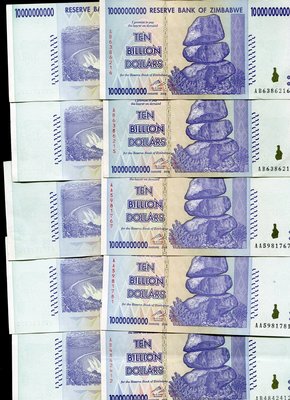 ZIMBABWE（辛巴威100億紙幣）P85 ，10-BILLION，2008，平均品相9新AU x10張量販 保證真鈔