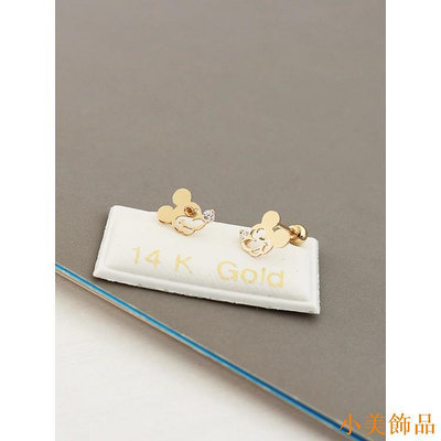 晴天飾品韓國進口純14K黃金耳環精緻款米奇K金擰螺絲耳骨釘卡通小動物耳飾