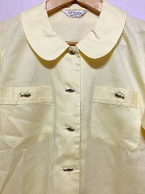 NANA 日本古著 透氣棉麻料 可愛魚型釦 實搭款 短袖襯衫 日式黃碧粉黃色