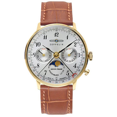 ZEPPELIN 齊柏林飛船 7039-1 手錶 36mm 德國錶 軍風 白色面盤 淺咖啡色皮錶帶 男錶女錶