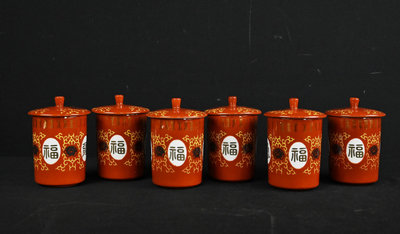 《玖隆蕭松和 挖寶網T》B倉 陶瓷 大同磁器 福壽無疆 茶杯 蓋杯 共 6入 (09717)