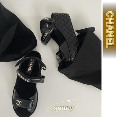 Chanel 香奈兒 新款 黑色魔術貼金色logo女厚底涼鞋-SUNNY