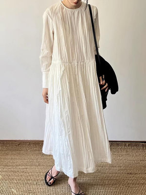 🌸Angela🌸白色圓領壓褶高腰立體廓形法式優雅套頭中長裙連身裙(240505)