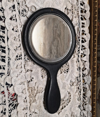 西洋vintage 黑木框 老鏡子 圓鏡 手持化妝鏡
