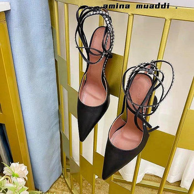 七七代購#Amina Muaddi尖頭水鉆高跟鞋酒杯跟單鞋女新款包頭涼鞋女性 明星同款