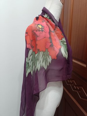 復古深紫色/牡丹花/蠶絲100%/質感絲巾/二手/方巾