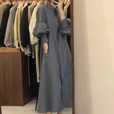韓國chic秋季大尺碼洋裝簡約圓領日系減齡格紋長款收腰顯瘦襯衫式長袖洋裝