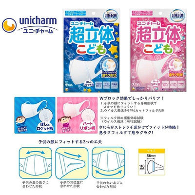 【小寶（保健/護膚）】熱銷 日本制造超立體嬰幼兒童口罩一次性防護5枚尤妮佳粉色藍色3-6歲
