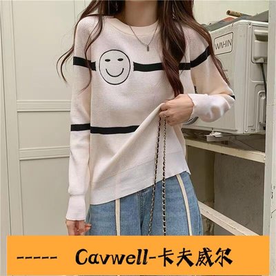 Cavwell-DM5939秋冬季圓領韓版套頭條紋長袖針織打底衫女寬鬆繡花笑臉修身上衣女女性服飾服裝衣服上衣-可開統編