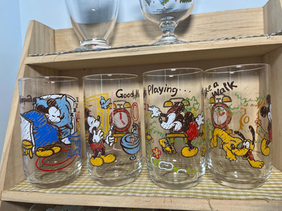 日本迪士尼 米奇老鼠中古昭和vintage玻璃杯 蠟筆畫風3562