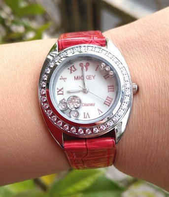 【卡漫迷】 六折出清 米奇 手錶 紅色 水鑽 ㊣版 皮革錶 迪士尼 Mickey 米老鼠 女錶 卡通錶 造型 時尚
