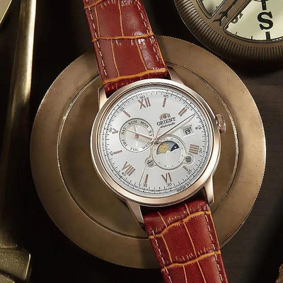 【ORIENT】東方錶 RA-AK0801S 羅馬字 日月相錶 皮錶帶 機械錶 白/玫瑰金 41.5mm