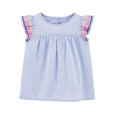 【Carter's】【零碼4T】CS女童短袖刺繡粉花牛藍 F03200410-04