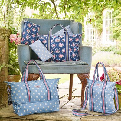 英國 Cath Kidston 深藍色玫瑰花 防水 可摺疊收納 拉鍊 側背斜背包/媽媽包/行李袋/購物袋