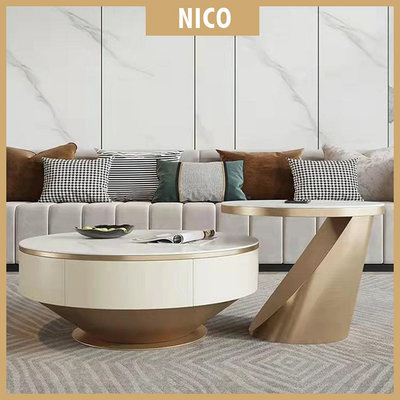 NICO｜北歐現代簡約創意不銹鋼岩板大小圓形茶几組合，耐磨耐熱耐刮岩石桌面，電鍍鈦金, 結實穩定