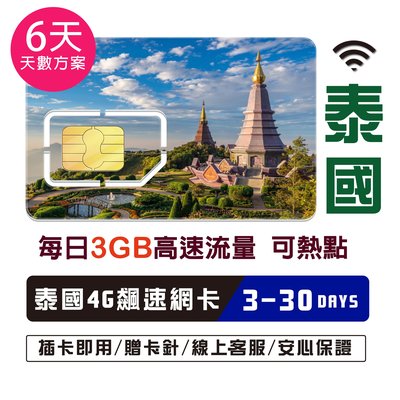 泰國網卡6天 每天3GB 高速流量不斷網 網路卡 泰國SIM卡 曼谷 清邁 普吉島 高速4G LTE 上網