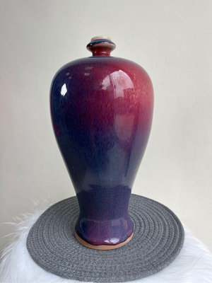 早期收藏老件瓷器藍紫紅漸層暈彩窯變鈞窯梅瓶藝術擺件