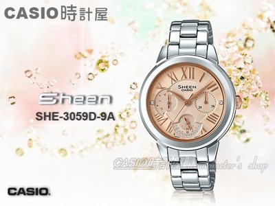 CASIO時計屋 手錶專賣店 SHEEN SHE-3059D-9A 三眼女錶 不鏽鋼錶帶 玫瑰金 防水50米 全新品 保