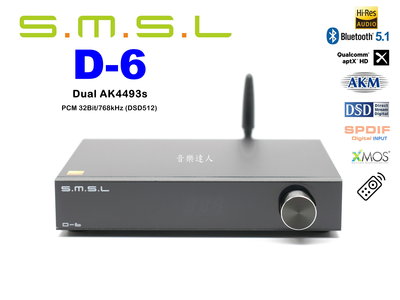 "音樂達人"高CP值迷你機型 SMSL D-6 藍芽5.1 DAC一體機 光纖+同軸 DSD512 RCA+TRS平衡