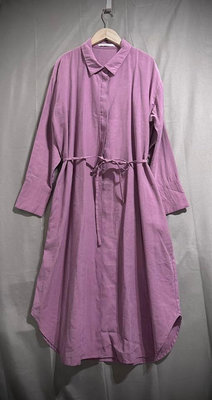 KBF 豆沙粉紫寬鬆落肩風衣長洋裝 加長綁帶連身裙
