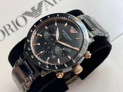 EMPORIO ARMANI 黑色面錶盤 黑色陶瓷錶帶 三眼計時 男士手錶AR70002