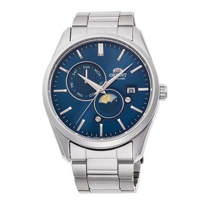 【台南 時代鐘錶 ORIENT】東方錶 RA-AK0308L 日月相錶 藍寶石鏡面 鋼錶帶 機械男錶 藍/銀