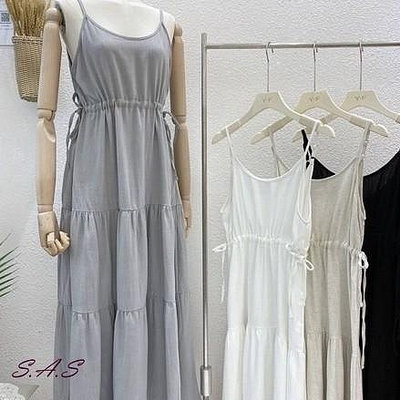 【SAS】韓版棉麻細肩縮腰洋裝 一件式洋裝 寬鬆長洋 度假洋裝 夏天洋裝 海邊洋裝 蛋糕長裙 2096F