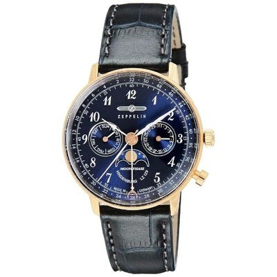 ZEPPELIN 齊柏林飛船 7039-3 手錶 36mm 德國錶 軍風 數字錶 金錶圈 藍色面盤 藍色皮錶帶 男錶女錶