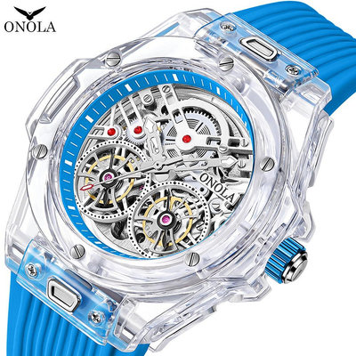 新款onola男士手錶時尚雙飛輪全自動機械男士矽膠錶帶防水手錶on3835