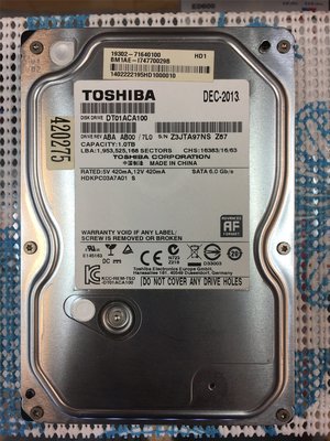 二手良品 TOSHIB 1TB SATA 3.5吋硬碟 Z3JTA97NSZ67 H367 H399 H404
