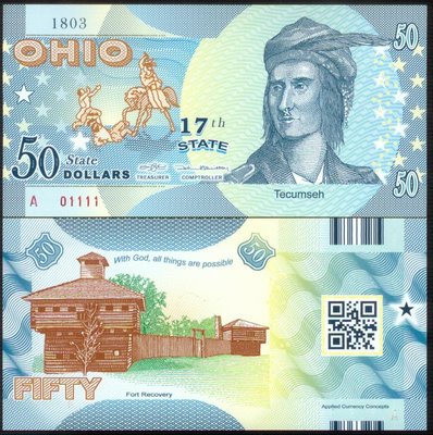 萬福古錢幣收藏家（可議價）全新2016年 美國 50 俄亥俄州 塑料鈔1111 獅子號 --第十七州