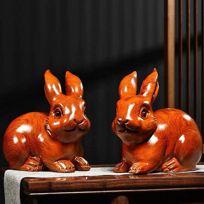 【熱賣精選】木雕兔擺件花梨木雕十二生肖兔黑檀木雕刻兔子家居玄關裝飾工藝品