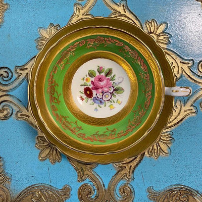 英國中古骨瓷帕拉貢paragon綠色重金花卉寬口杯盤