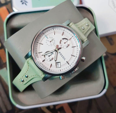 FOSSIL Boyfriend 銀框白色面錶盤 綠色皮革錶帶 石英 三眼計時 女士手錶ES3767