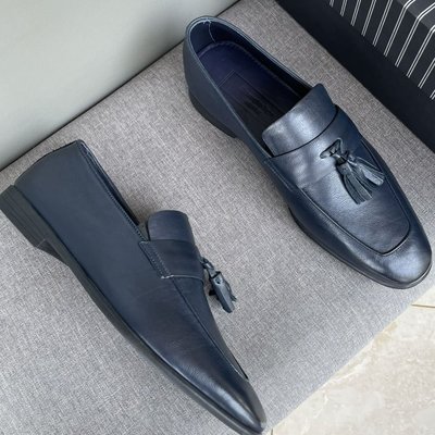 100％原廠 Zegna傑尼亞男士休閑皮鞋藍色經典款流蘇吊墜手工制作低幫套腳鞋