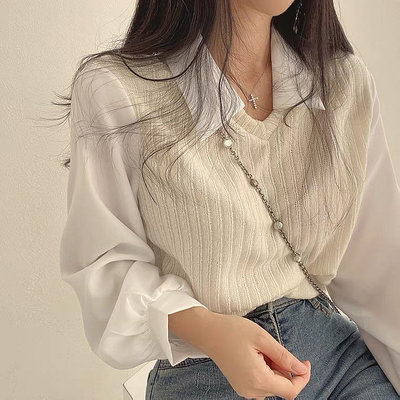 韓🇰🇷東大門🇰🇷針織拼接襯衣設計感別緻假兩件長袖襯衫