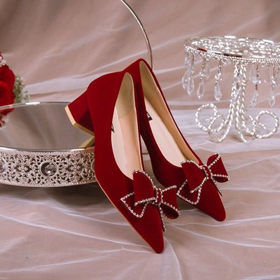 中式婚鞋女2022年新款酒紅色高跟鞋不累腳秀禾婚紗兩穿新娘鞋單鞋~樂悅小鋪
