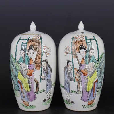 景德鎮老瓷廠粉彩人物紋冬瓜茶葉對罐手繪老貨瓷器家居中式古擺件凌雲閣瓷器