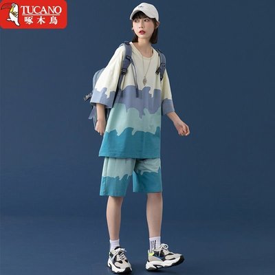 熱銷 韓版  休閑運動套裝女夏季新款學生韓版寬松夏裝兩件套 GSWQ119004
