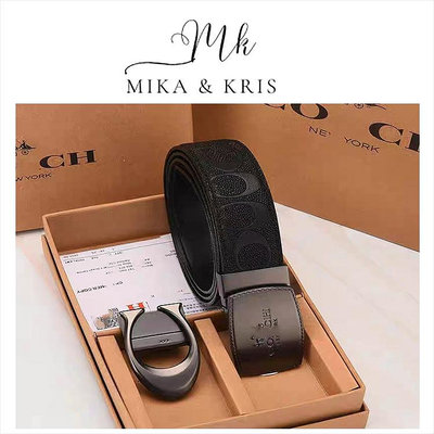 Mika & Kris Boutique COACH 男款經典浮雕 經典 LOGO 雙面用寬版皮帶-黑 3天內出貨