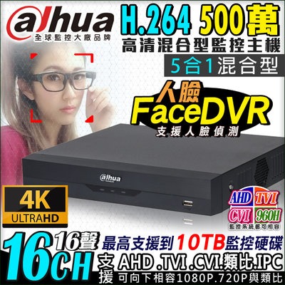 監視器 H.264 大華Dahua 5MP 16路DVR 人臉偵測 支援AHD/TVI/CVI/960H/IPC 6MP